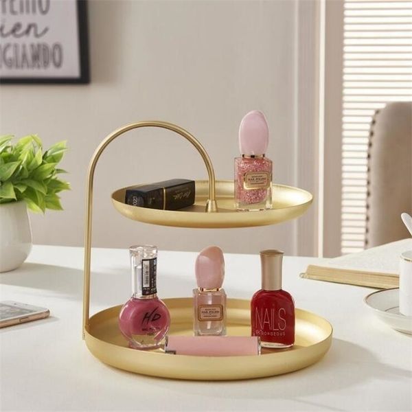 Nordic wind double jewelry shelf porch key lipstick cosmetics storage dresser desktop golden tray 211112