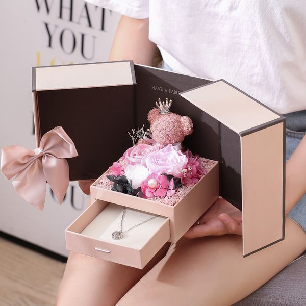 Bear Eternal Flower Gift Box Double Door Rose Necklace Gift Box Lipstick Gift Box for Valentine&#039;s Day