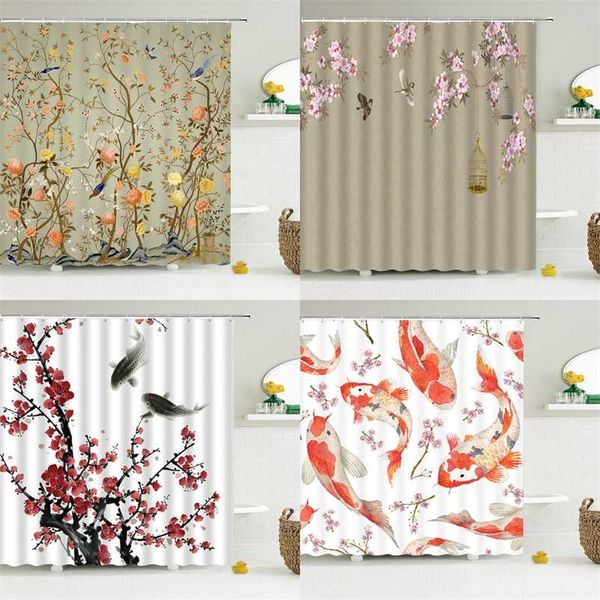 Chinese Style Flower Bird Shower Curtains Waterproof Bathroom Curtain 3d Printed Fabric With Hooks Decoration Shower Curtain 211115