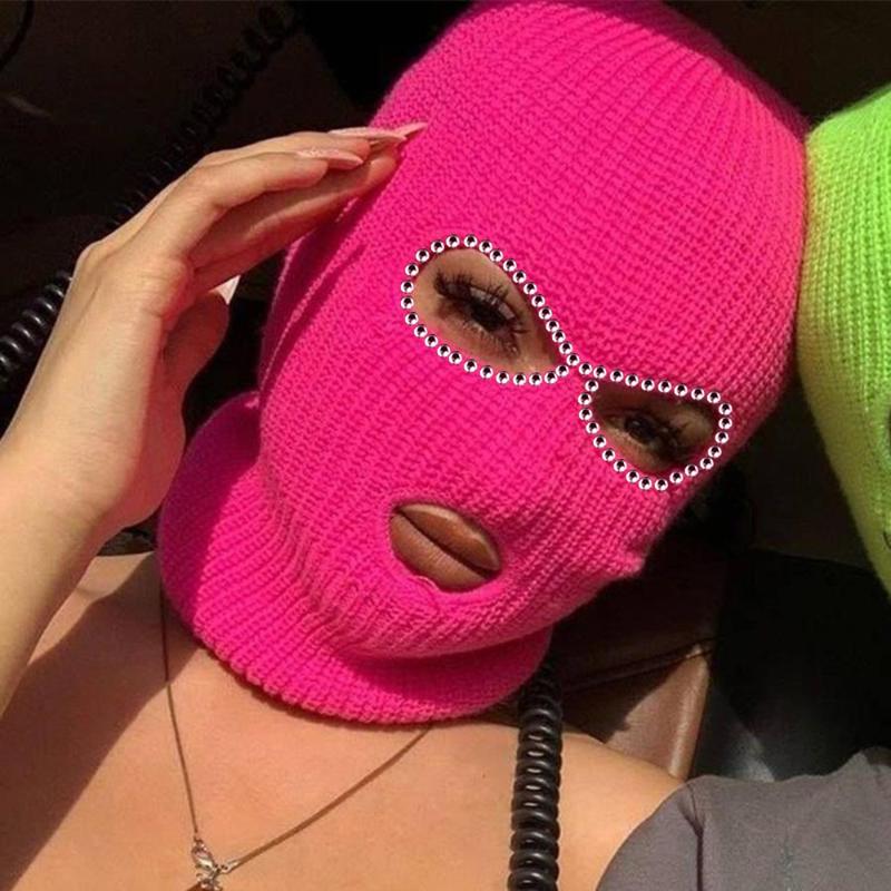 Beanie-Skull Caps Shining Diamond Balaclava Face Mask Women Pink Sport Knitted Fleece Ski For Three Hole Hat Shiny Rhinestone