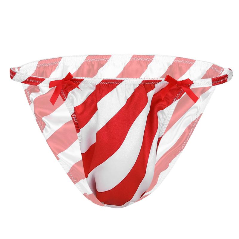 Underpants Lingerie Mens Santa Claus Costume Shiny Satin Red&White Striped Low Rise Christmas Sissy Panties Sting Bikini Breifs Underwear