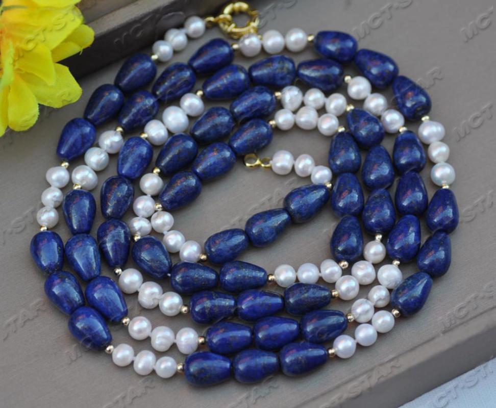 Chokers MCTÂ·STAR Z11577 20&quot;-50&quot; 14mm Blue Drop Lapis Lazuli White Round Pearl Necklace