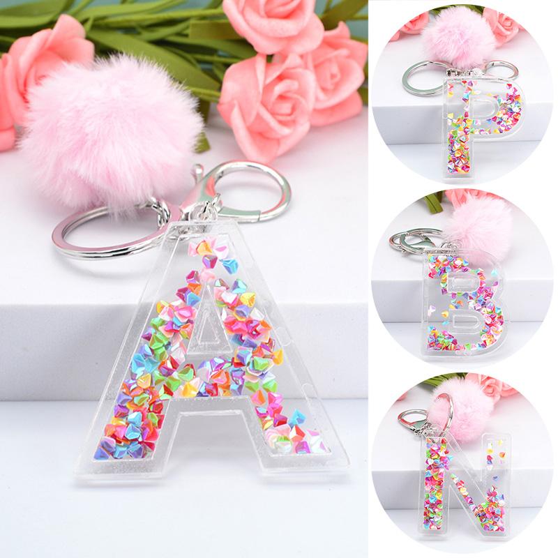Keychains 1Pc Women Letter 26 Glitter Hollowed-Out English Alphabet Keyring Handbag Crafts With Puffer Ball Pendant Drop