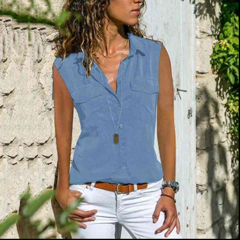 Blusas Sleeveless Solid Turn Down Womens Shirt Collar Pockets Button Front Tops And Blouses Lady Tee Femme
