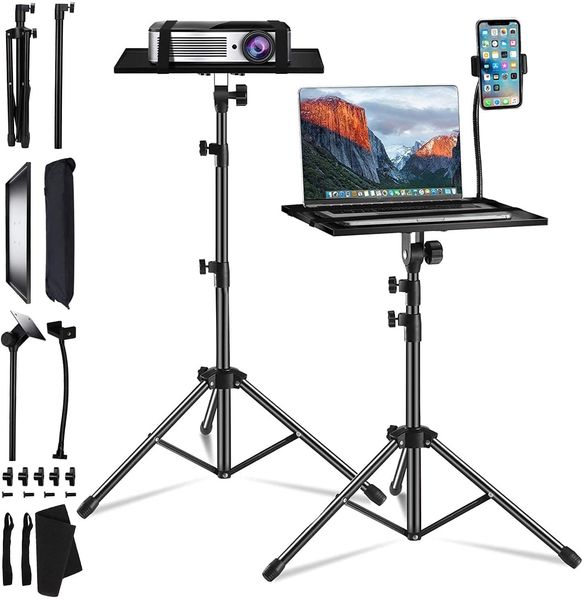Projector Laptop Tripod Stand, Portable Tripod Shelf DJ Laptop Stand Height Adjustable Up to 49 Inches Projector Mount with Gooseneck Phone
