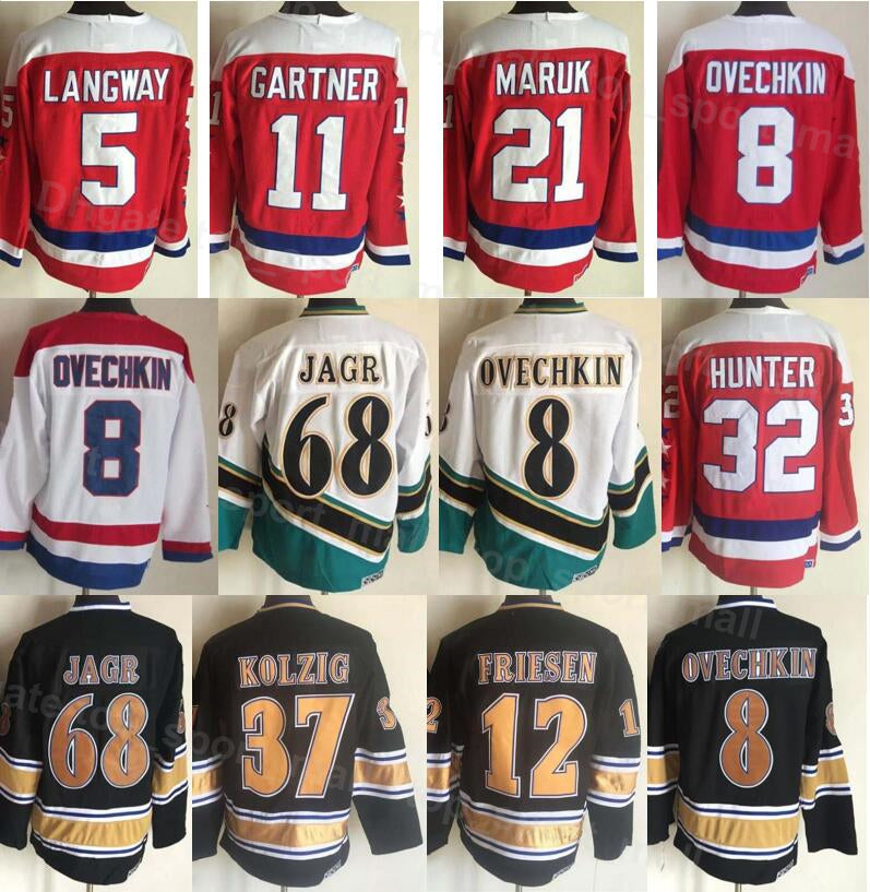 Men Vintage Retro Ice Hockey 5 Rod Langway Jersey 8 Alex Alexander 21 Dennis Maruk 11 Mike Gartner 32 Dale Hunter 68 Jaromir Jagr 12 Jeff Friesen 37