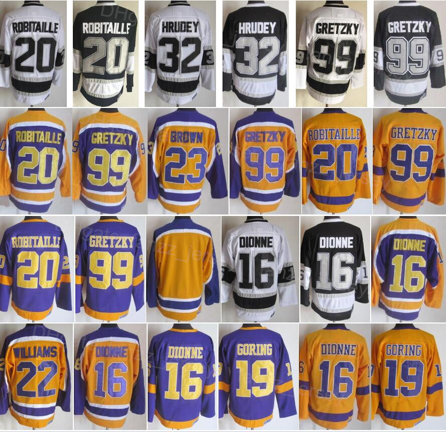 Vintage 20 Luc Robitaille Jerseys Retro Ice Hockey 99 Wayne Gretzky 23 Dustin Brown 32 Kelly Hrudey 19 Butch Goring Black White Purple Yellow All St
