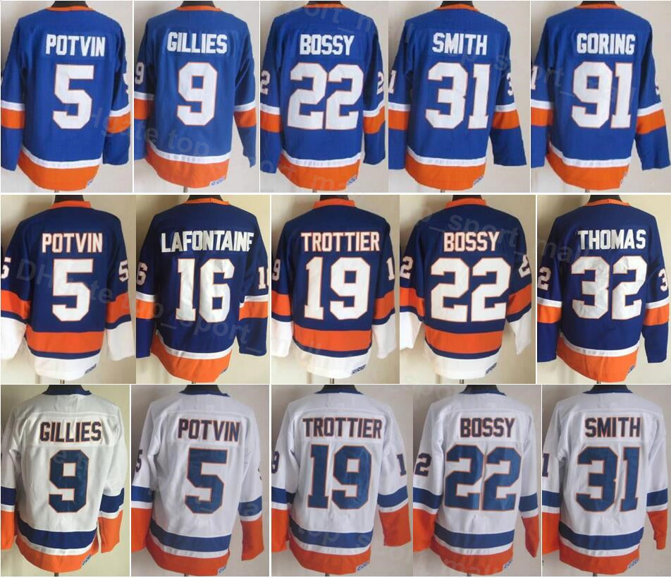 Men Vintage Retro Ice Hockey 22 Mike Bossy Jersey 5 Denis Potvin 9 Clark Gillies 19 Bryan Trottier 31 Billy Smith 32 Steve Thomas John Tavares 91 Bu