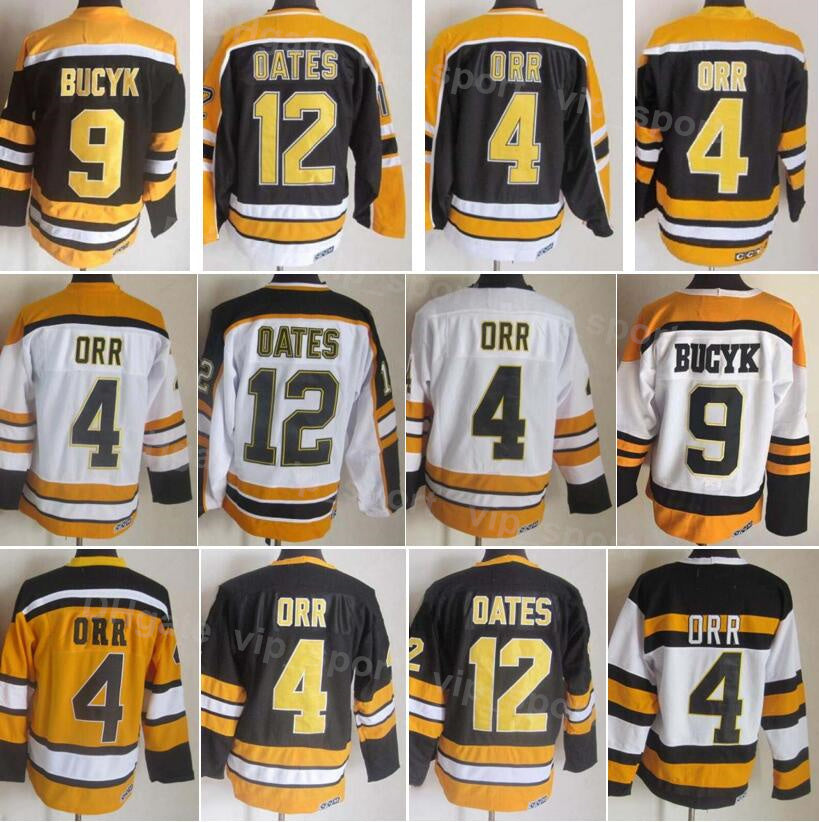 Men Ice Hockey Vintage Retro 9 Johnny Bucyk Jersey 12 Adam Oates 4 Bobby Orr 30 Gerry Cheevers 75 Anniversary All Stitched Home Away Black Yellow Wh