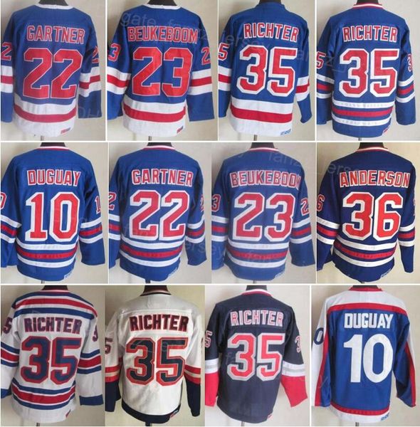 Men Retro Ice Hockey Vintage 22 Mike Gartner Jerseys 23 Jeff Beukeboom 35 Mike Richter 10 Ron Duguay 36 Glenn Anderson Blue Whte 75th Annive