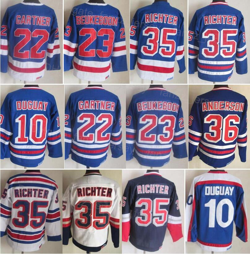 Men Retro Ice Hockey Vintage 22 Mike Gartner Jerseys 23 Jeff Beukeboom 35 Mike Richter 10 Ron Duguay 36 Glenn Anderson Blue Whte 75th Anniversary St