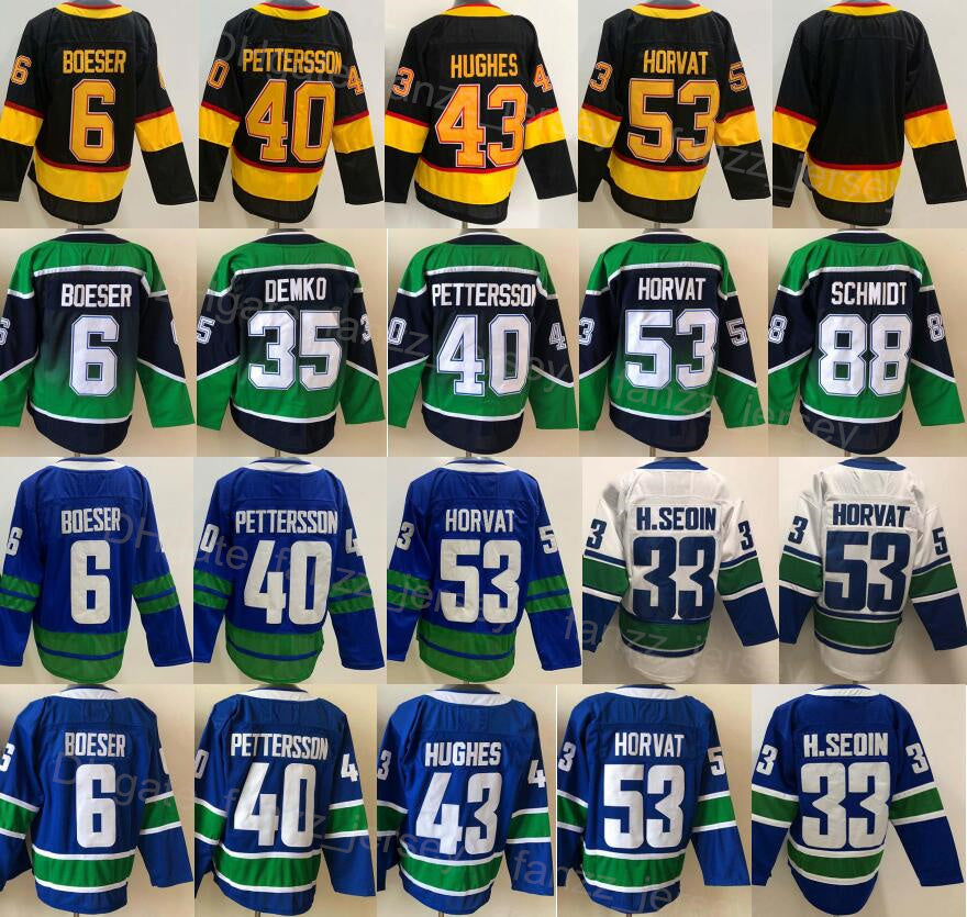 Men Ice Hockey 43 Quinn Hughes Jerseys 2023 Reverse Retro 35 Thatcher Demko 33 Henrik Sedin 53 Bo Horvat 6 Brock Boeser 40 Elias Pettersson 22 Sedin
