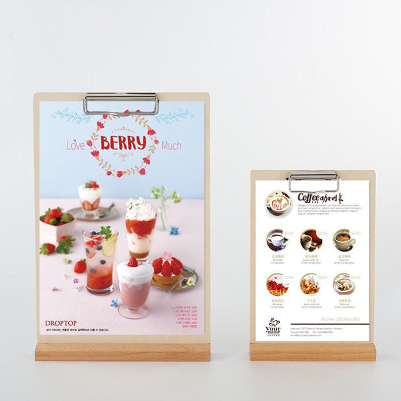 A5 Wood Poster Menu Holder Lean to Perspex Leaflet Display Stands Paper Clip Board For Restaurant
