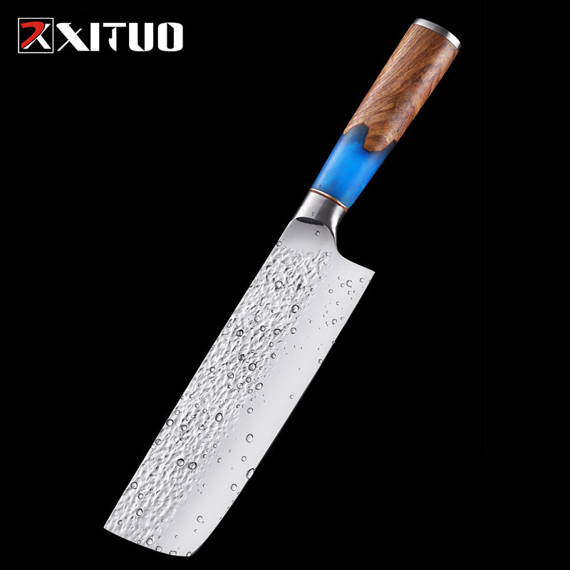 XITUO 5Cr15 Mov Hammer Pattern Kitchen Little Kitchen Knife Super Fast Sharp Durable Chef Special Knives Blue Resin Color Wood