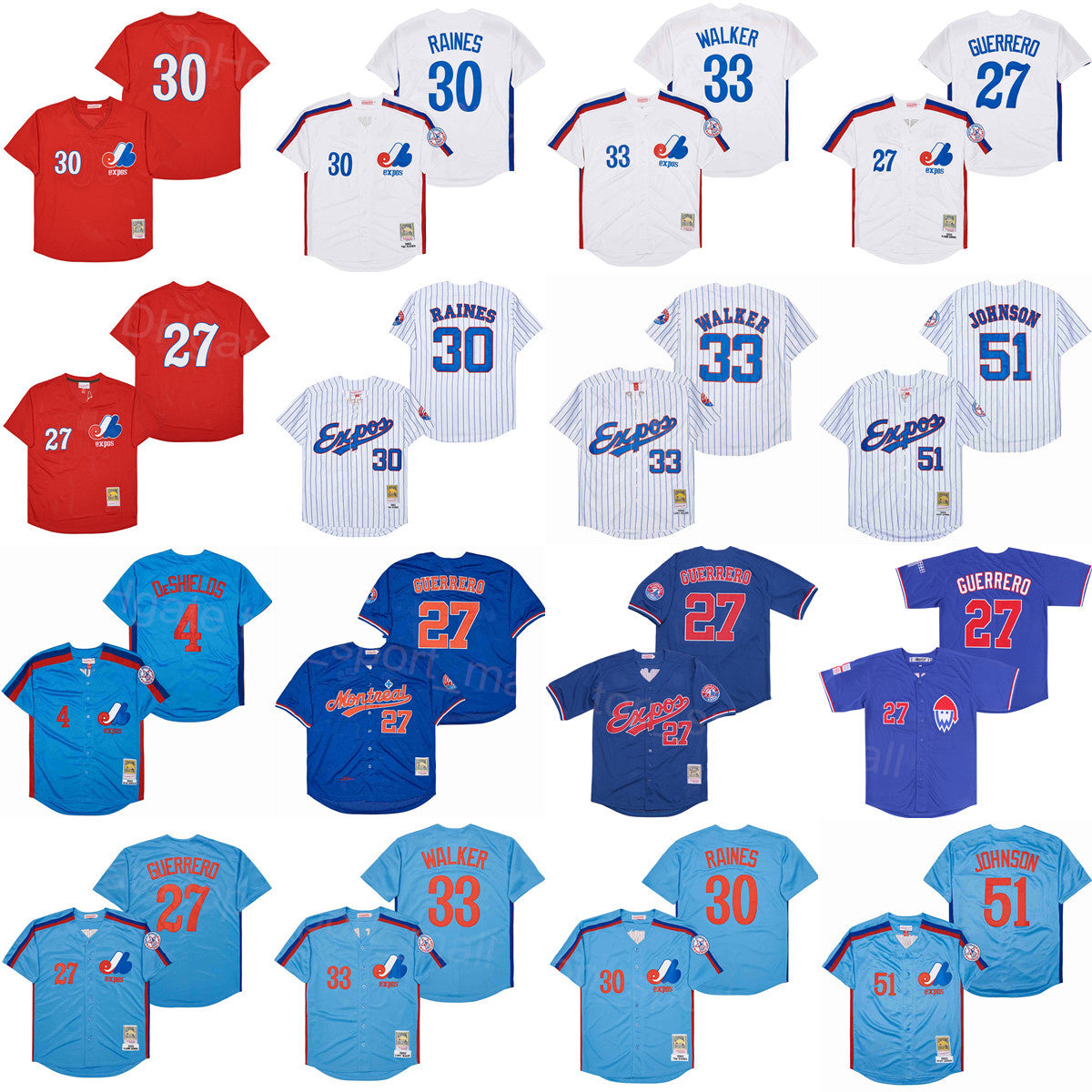 Retro 1982 2000 Baseball 27 Vladimir Guerrero Jersey 4 Delino DeShields 33 Larry Walker 51 Randy Johnson 30 Tim Raines Breathable Red Blue White Coo