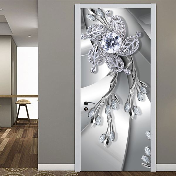 Modern 3D Metal Texture Diamond Flower Door Sticker Abstract Art Mural Wallpaper PVC Self-Adhesive Waterproof Door Poster Decals 210317