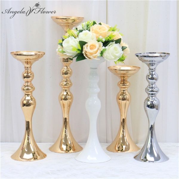 Gold White Silver Candle Holders Metal Candlestick Flower Stand Vase Table Centerpiece Event Flower Rack Road Lead Wedding Decor 210317