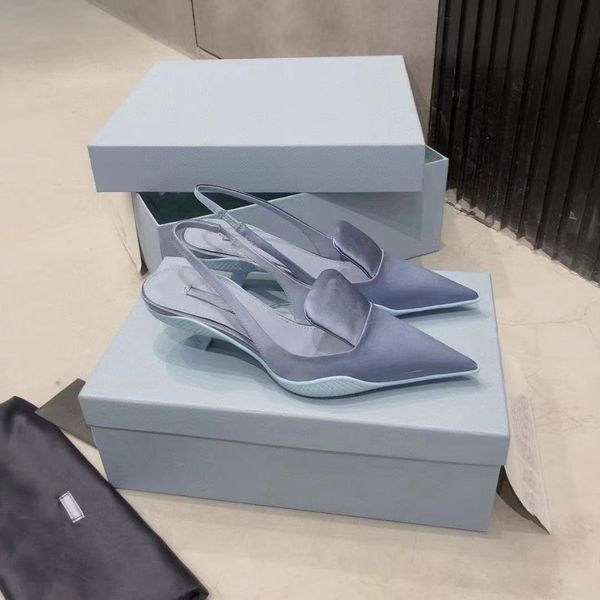 2021 spring and summer pointed high-heeled sandals, colorful, triangle badge decoration, fashion classic, sheepskin lining, satin material,