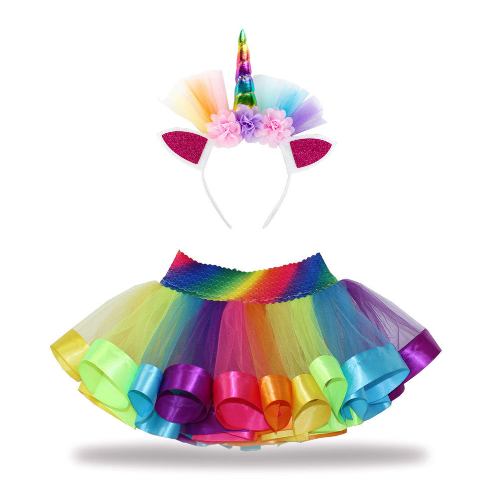 Summer Baby Girls Fashion Rainbow Tutu Skirts Little Girl Ball Gown 2PCS Unicorns Turban