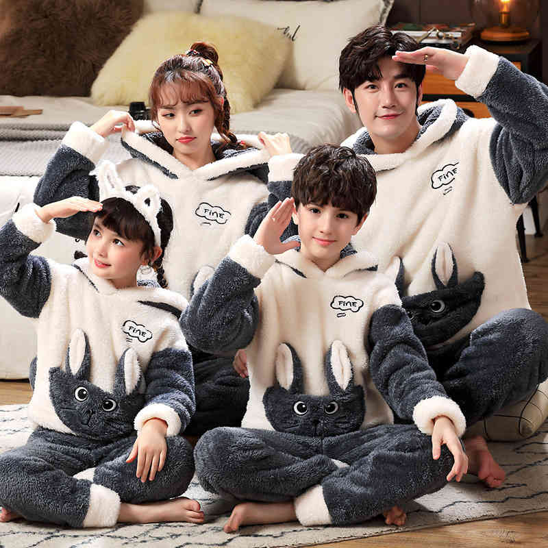 sleepwear Flannel Set Family Outfits Warm Cute Cartoon Parent-child Sleepwear Winter Coral Women Men Kid Thick Pajamas Uz1o 0UAS
