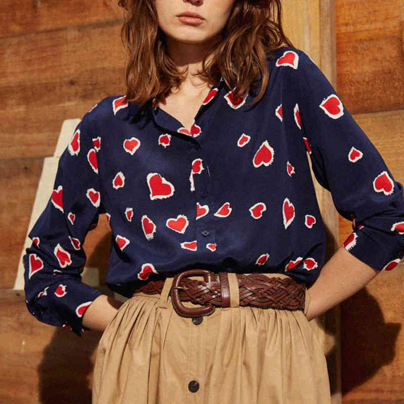blouses Silk Red Heart Print Shirt Women Chic Turn Down Neck Loose Lively Buttons Up Culture Elegant Blouse 2021 Femme Shirts Autumn