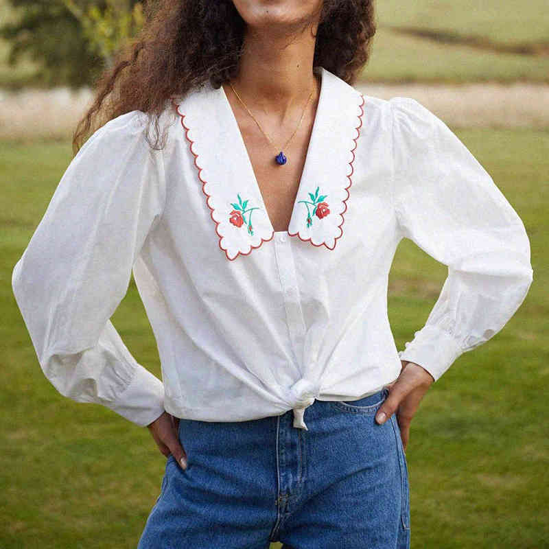 blouses Embroidery Rose Shirts Femme Floral Pattern Manches Bouffantes Loose Vintage Shirt Elegant Women Camisas Mujer Blouse Tops