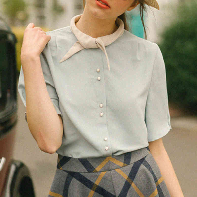 blouses Embroidered Shirts Women Short Sleeve Bow Neck Buttons Up Blouse 2021 Elegant Dreamy Mujer chemisier femme Tops