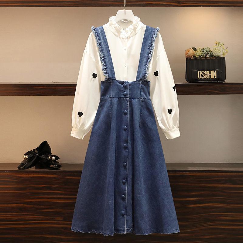 Denim suspenders skirt suits for the women Autumn lantern manga shirt two-piece suit skinny jeans summer outfit k998 RO8Y