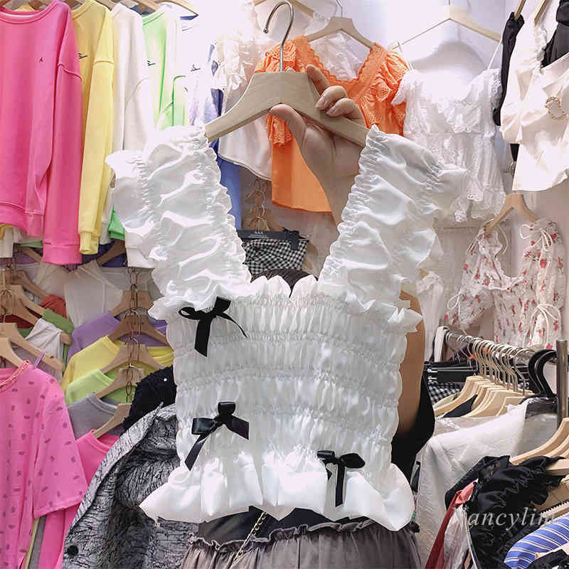 camis Slim-fitting Sweet Strap Shirt Top Woman Chiffon Bow Pleated Suspender Vest Outer Wear Girls Students Crop Tanks White Black