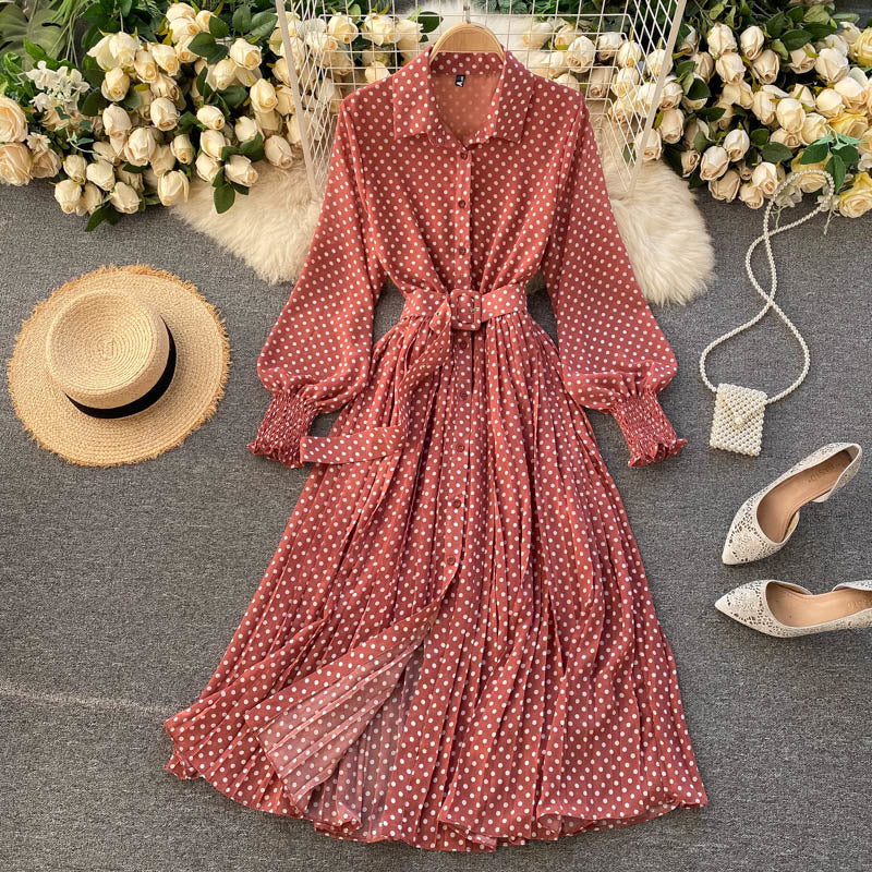 dress Croysier Es for Women Office Lady Long Sleeve Shirt Vintage Elegant Polka Dot Chiffon Pleated Midi with Belt Kvm2