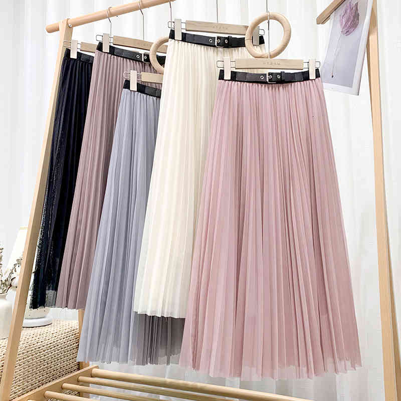 skirt Croysier Mesh Pleated Women Elegant Midi Tulle Skirt with Decorative Belt Elastic High Waist Long Skirts Womens Clothing Puz1