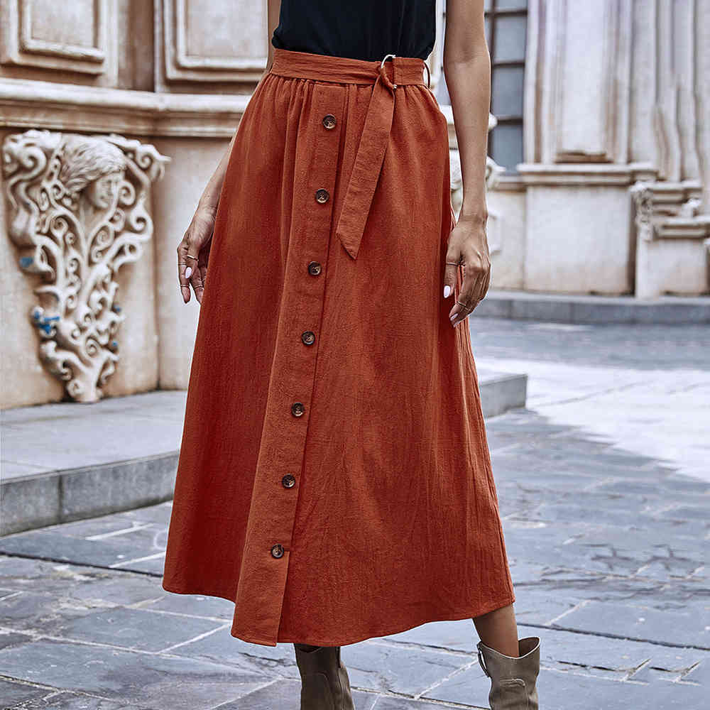 skirt Cotton Midi Skirt Women 2021 A Line Button Up with Sashes Spring Summer Clothing Ladies Casual Patchwork Solid Color Long Skirts Q9FP