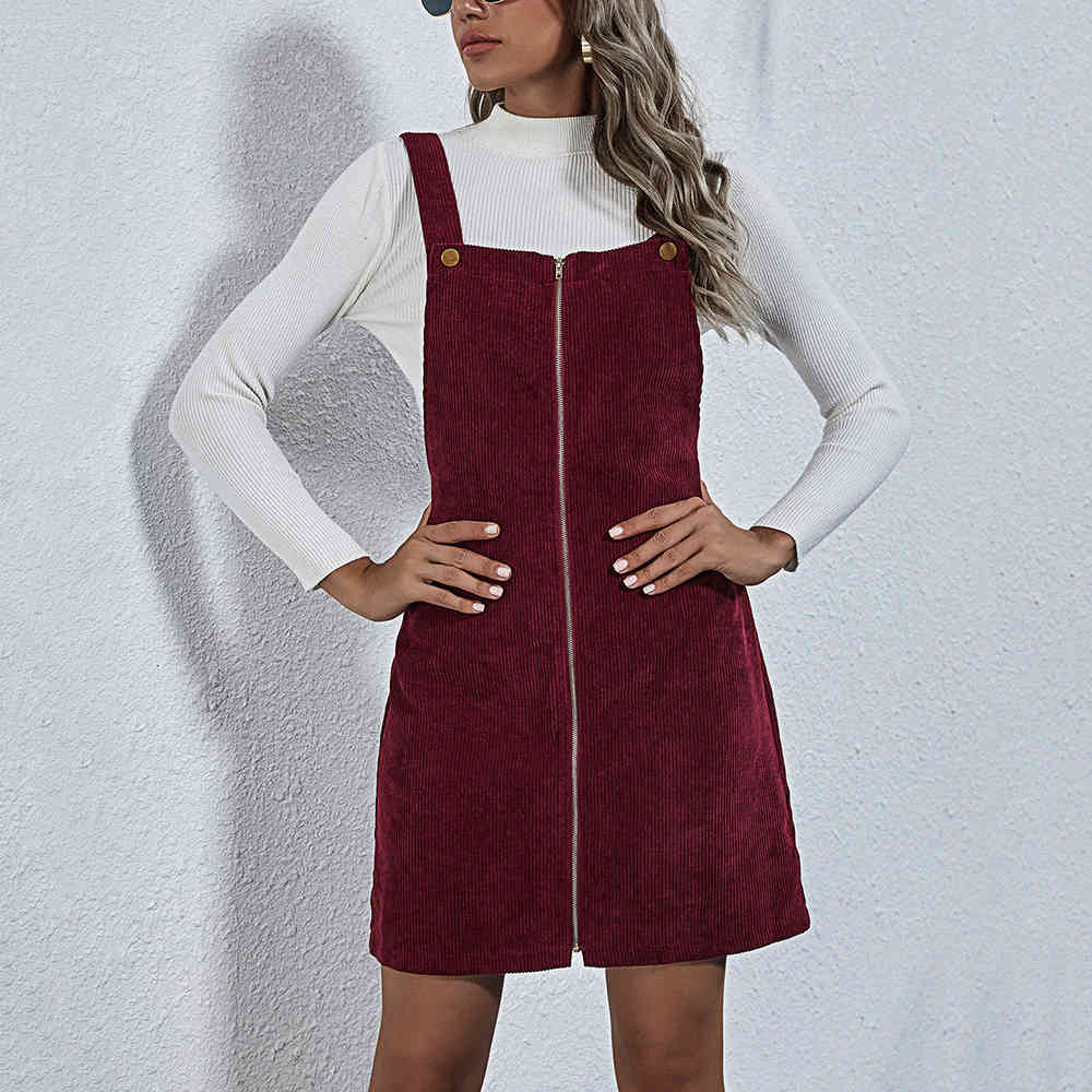 dress Wine Red Corduroy Spaghetti Strap Mini Dress Women 2021 Zipper Up Sleeveless Ladies Spring Autumn Vintage Patchwork Dresses 1OP9