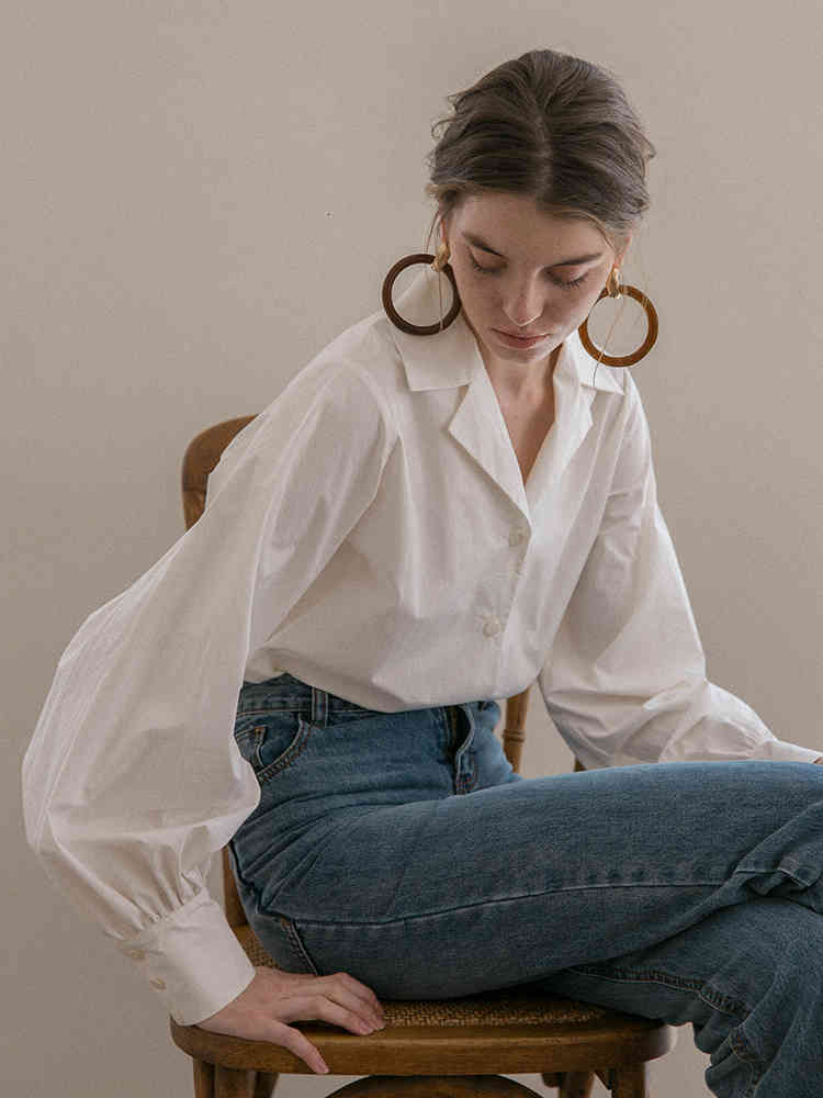 jean Lantern Sleeve Elegant White Button Vintage Blouse Turn Down Collar Office Ladies Shirt Female Casual Shn9 B2IZ