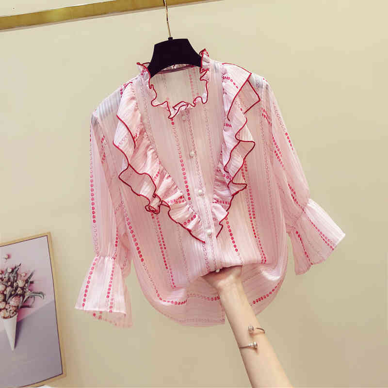 blouses Lotus Leaf Pink Shirt Female Spring and Summer Three Quarter Flare Sleeve Blouse Dot Shirts Blusa Mujer