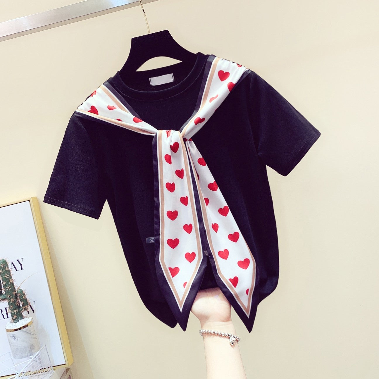 t shirt Silk Scarves Stitching Lace-up Cotton Short Sleeve Women Spring Summer Loose T-shirt Female Tshirt Top