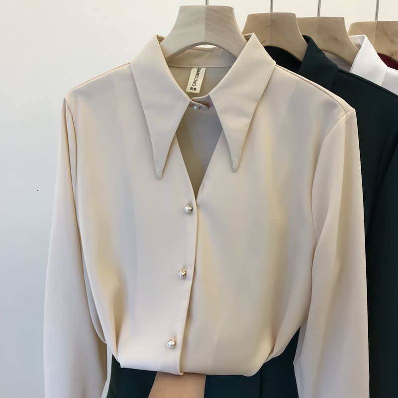 blouses Spring Korean Style Long Sleeve Lapel Silk Chiffon Shirt Women&#039;s Temperament Beaded Blouse Shirts Office Ladies Tops Blusa