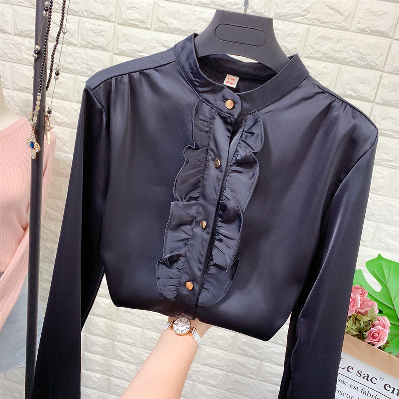 blouses Spring Autumn Woman Elegant Temperament Stand Collar Ruffle Trim Satin White Shirt Women&#039;s Ol Long-sleeve Blouse Tops