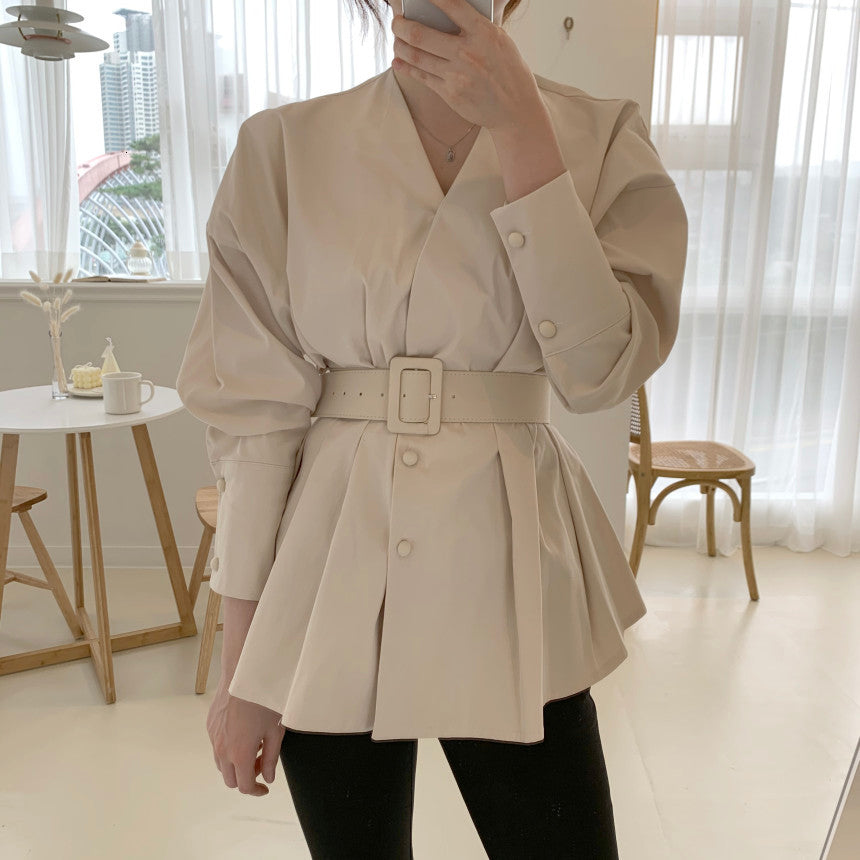 blouses Women Long Slevess v Neck Blouses Autumn Spring Casual Buttons Ladies Elegant Lace-up Fitted Waist Retro Tops Oeac 4TUY