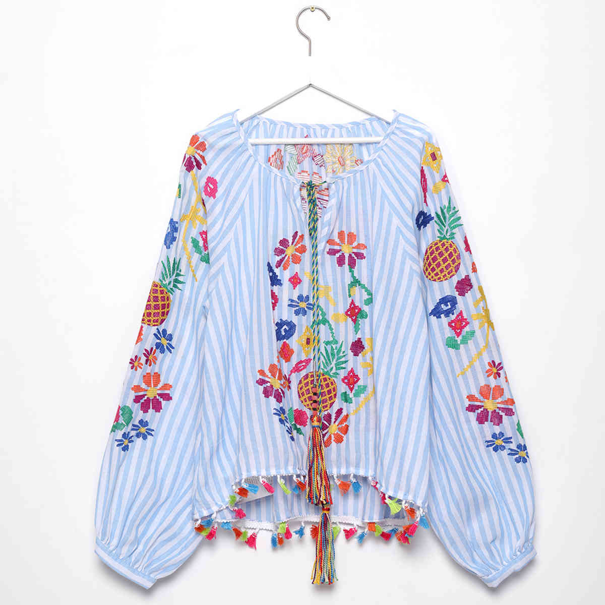 knits Spring Autumn Folk Retro Women Blouse Boho Tassel Floral Embroidery Tops Pullovers V-Neck Long Sleeve Blouses Shirts Y49J