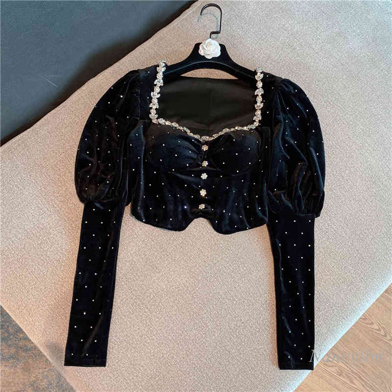 blouses Rhinestone Collar Velour Shirt Women Bubble Sleeve Lady All-match Crop Top Female Spring Autumn Clothes