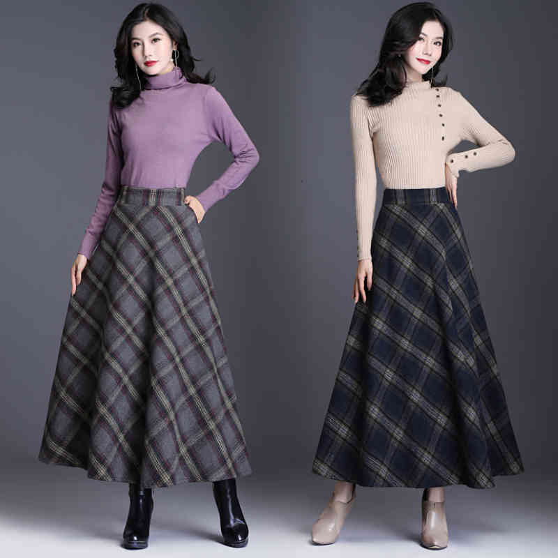 skirts Vintage A-line High Waist Woolen Autumn Winter Fashion Women&#039;s Wool Maxi Skirts Female Casual Plaid Skirt Qg4v ANW7