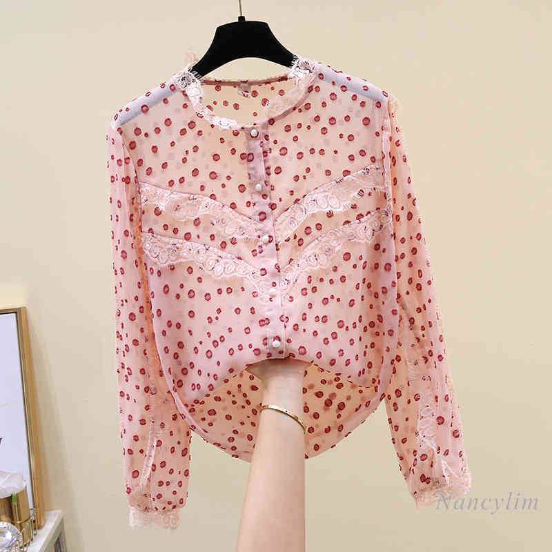 blouses Spring Autumn Lace Ruffled Stand Collar Chiffon Shirt Women&#039;s Long Sleeve Pink Polka Dot Blouse Girls Lady&#039;s Tops