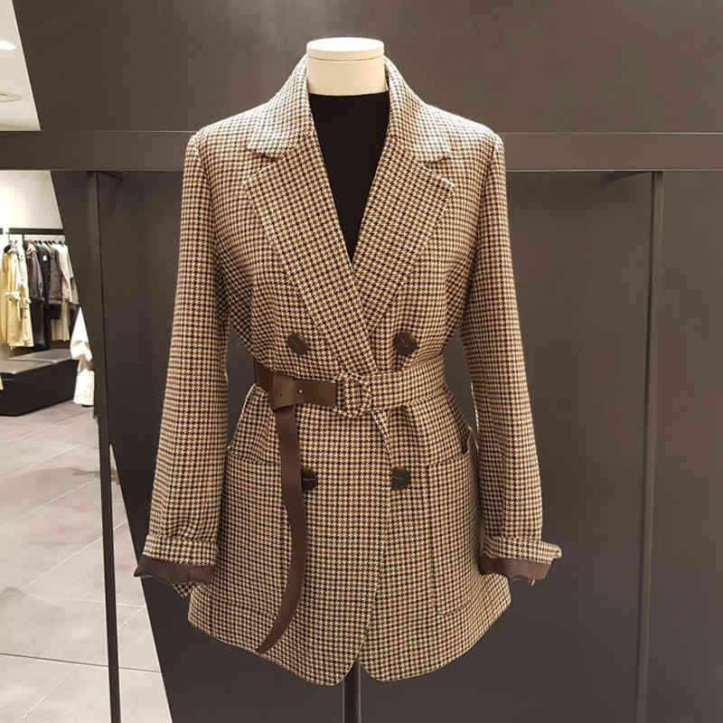 suits Vintage Double Breasted Office Ladies Plaid Blazer with Belt Long Sleeve Houndstooth Suit Coat Jacket Women Blazers Female Z5n7 EDIF