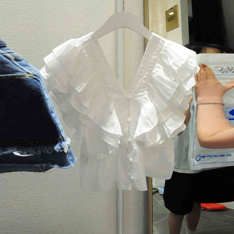 blouses Women&#039;s V-neck Summer Wear for Women Style Ruffles Flying Sleeve Top Girls Ladies White Shirt Blouses Blusas