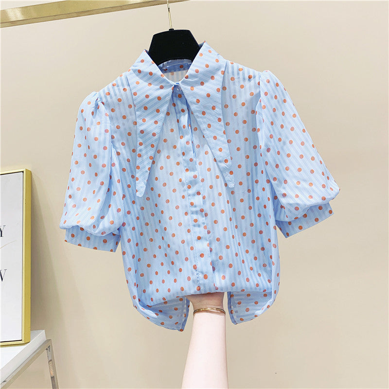 blouses Chiffon Polka Dot Short Female Summer Fashion Sleeve Doll Collar Blue Shirt Blouse Ladies Tops Blusas Femme