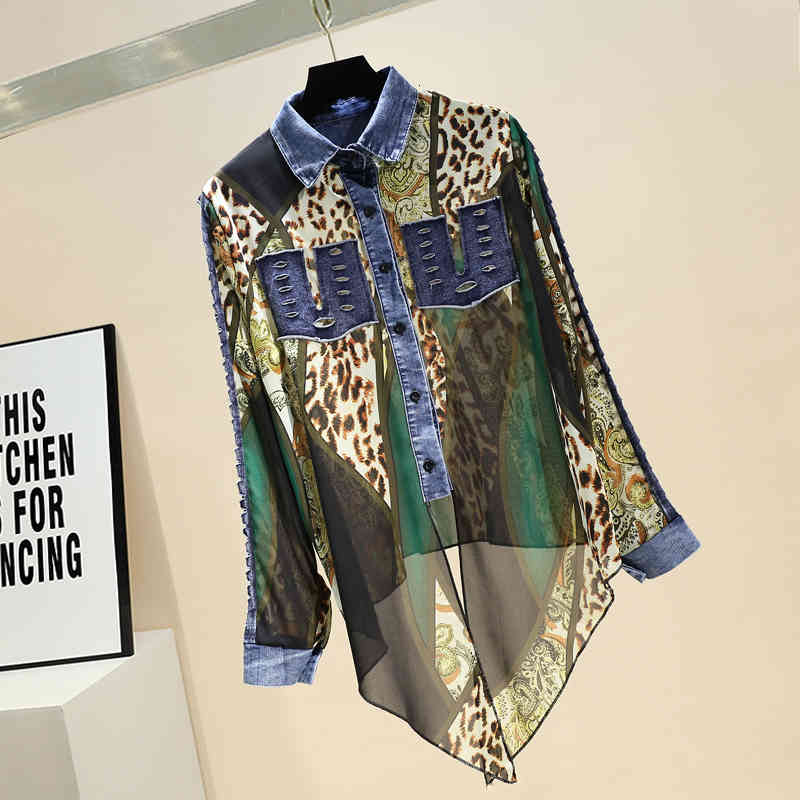 blouses Fashion for Woman Summer Denim Stitching Leopard Chiffon Shirt Women&#039;s Long Sleeve Blouse Blusas Mujer De Moda