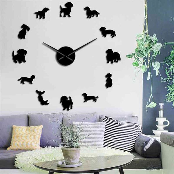 Dachshund Dog Breeds Large DIY Wall Clock Watch Puppy Animals Mirror Stickers Pet Store Decor Hanging Watch Gift For Dog Lover 210325