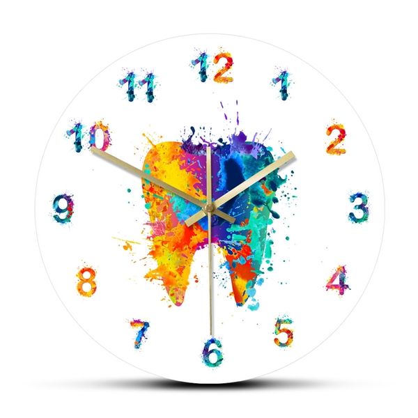 Watercolour Tooth Painting Print Wall Clock Medical Dental Clinic Wall Art Non ticking Wall Watch Orthodontist Dentist Gift Idea 210325