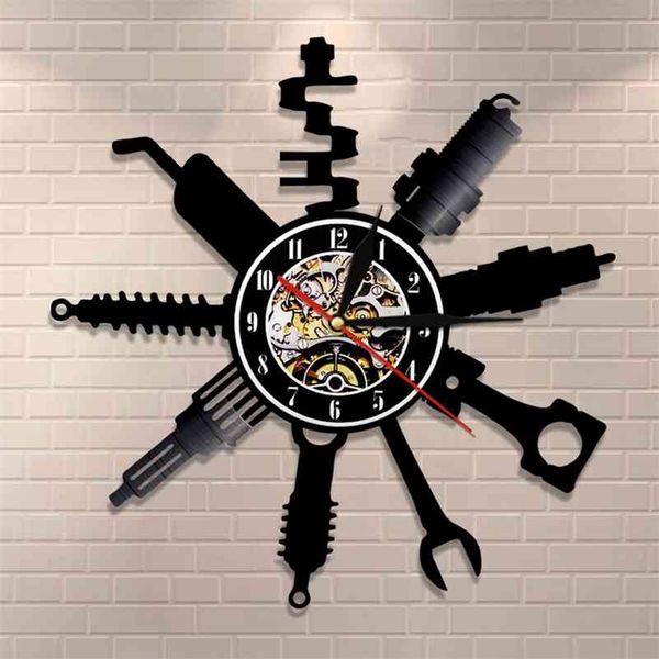 Auto Repair Shop Wall Sign Decorative Modern Wall Clock Car Mechanic Service Workshop Vinyl Record Clock Garage Repairman Gift 210325